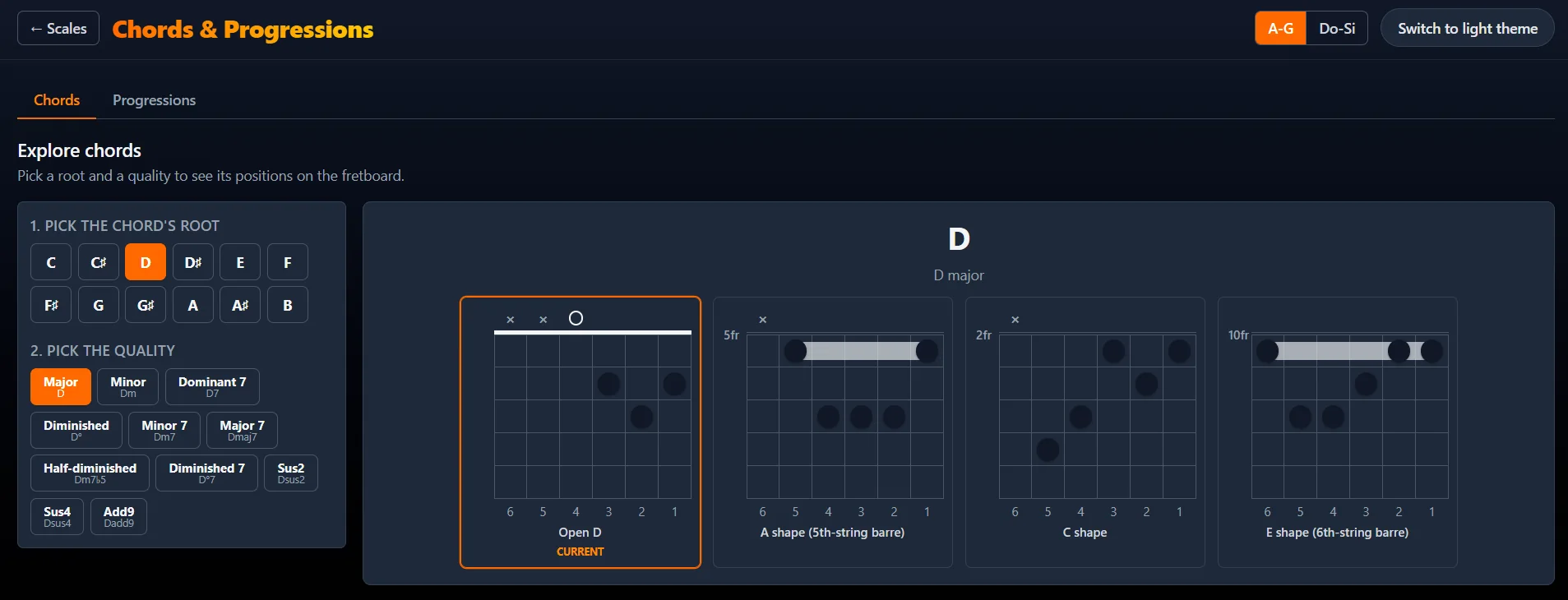 Chord explorer: pick a root and a quality, see every voicing on the fretboard.