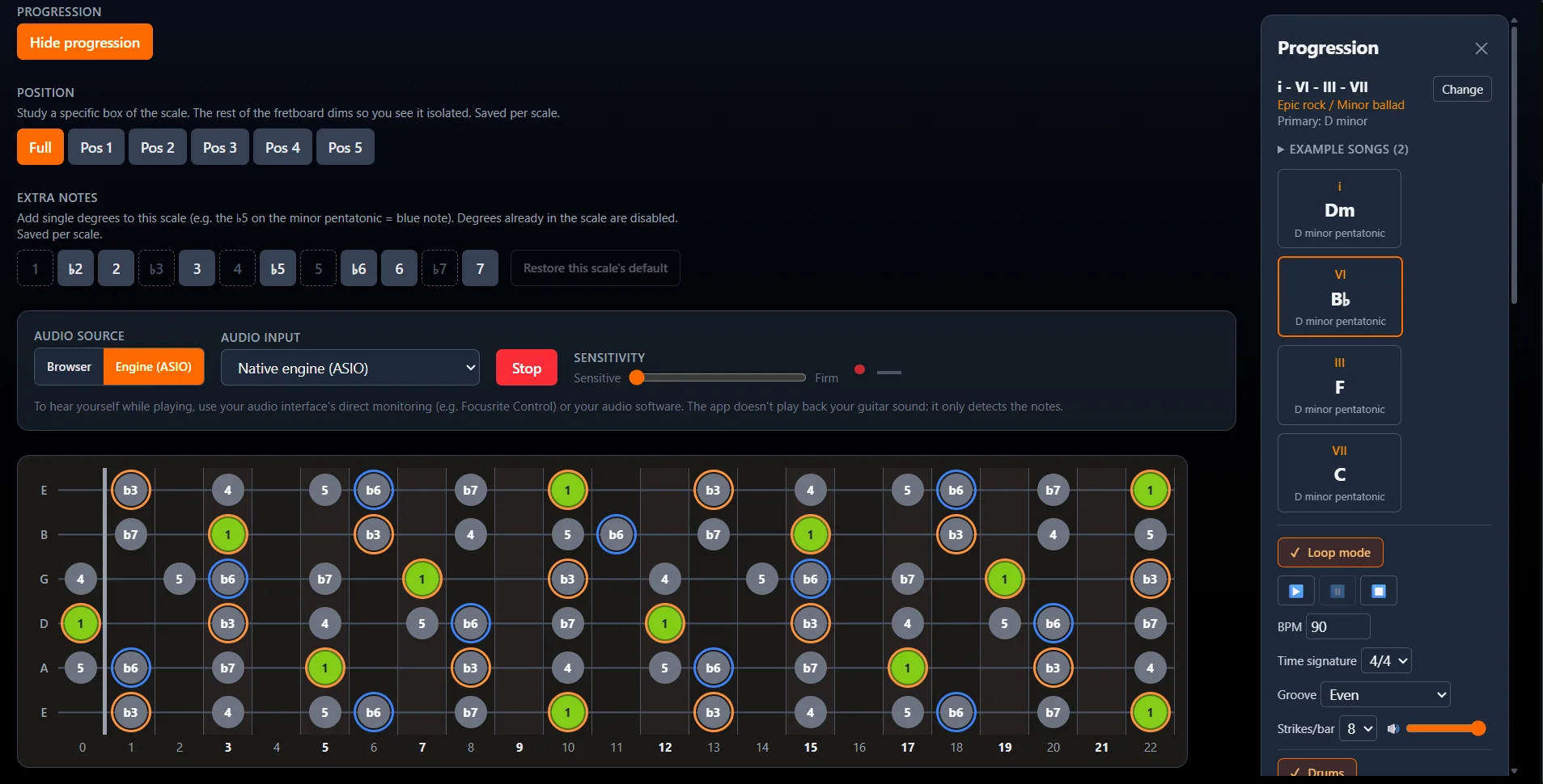 Practice mode: a looping progression on the right, the scale on the fretboard with the current chord's tones highlighted.