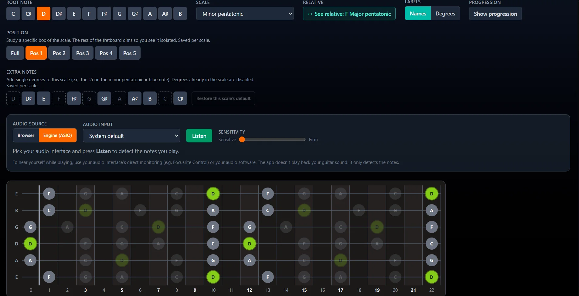 Scale view with Position 1 selected: the notes outside that box are dimmed.