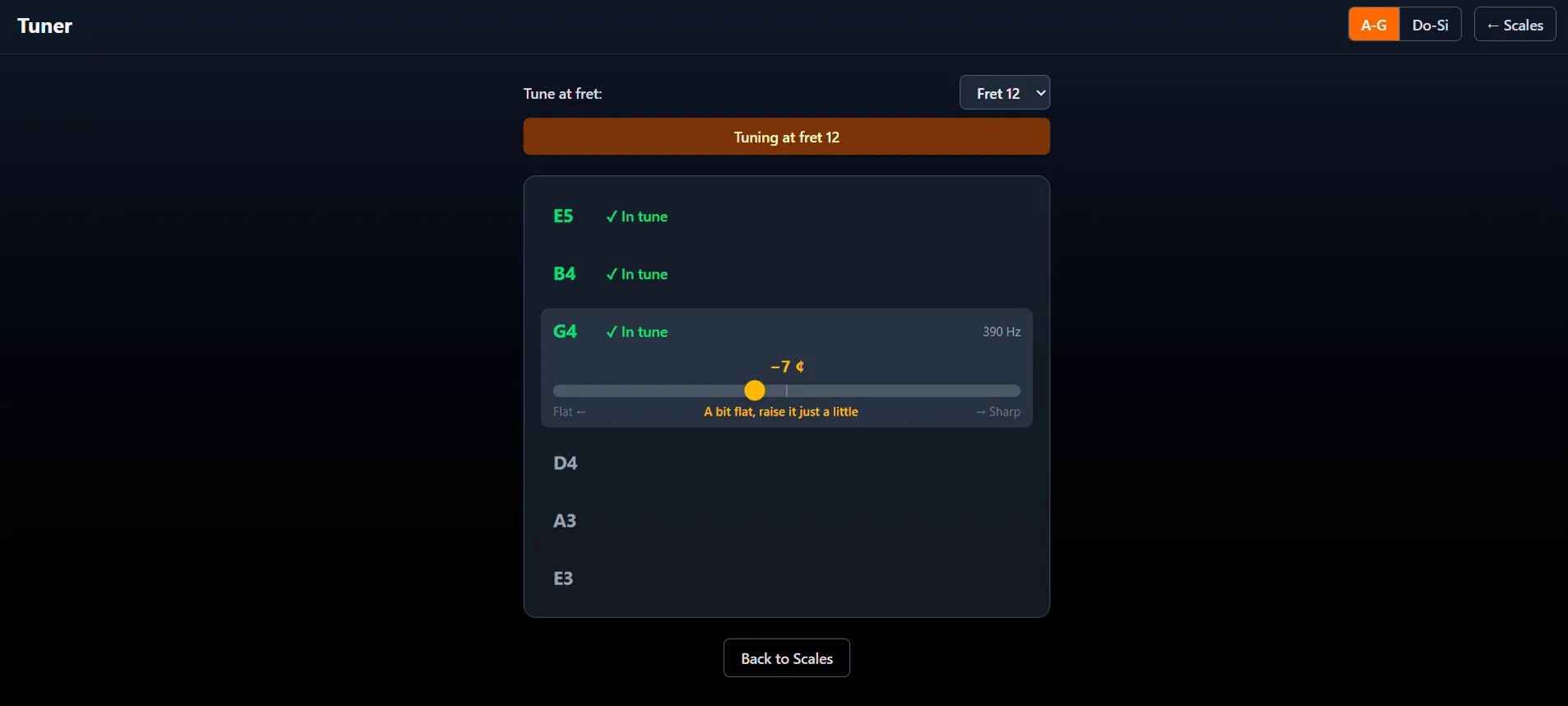 Built-in tuner with a 'tune at fret' selector.