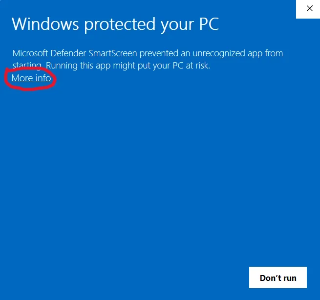 Step 1: click More info on the SmartScreen dialog
